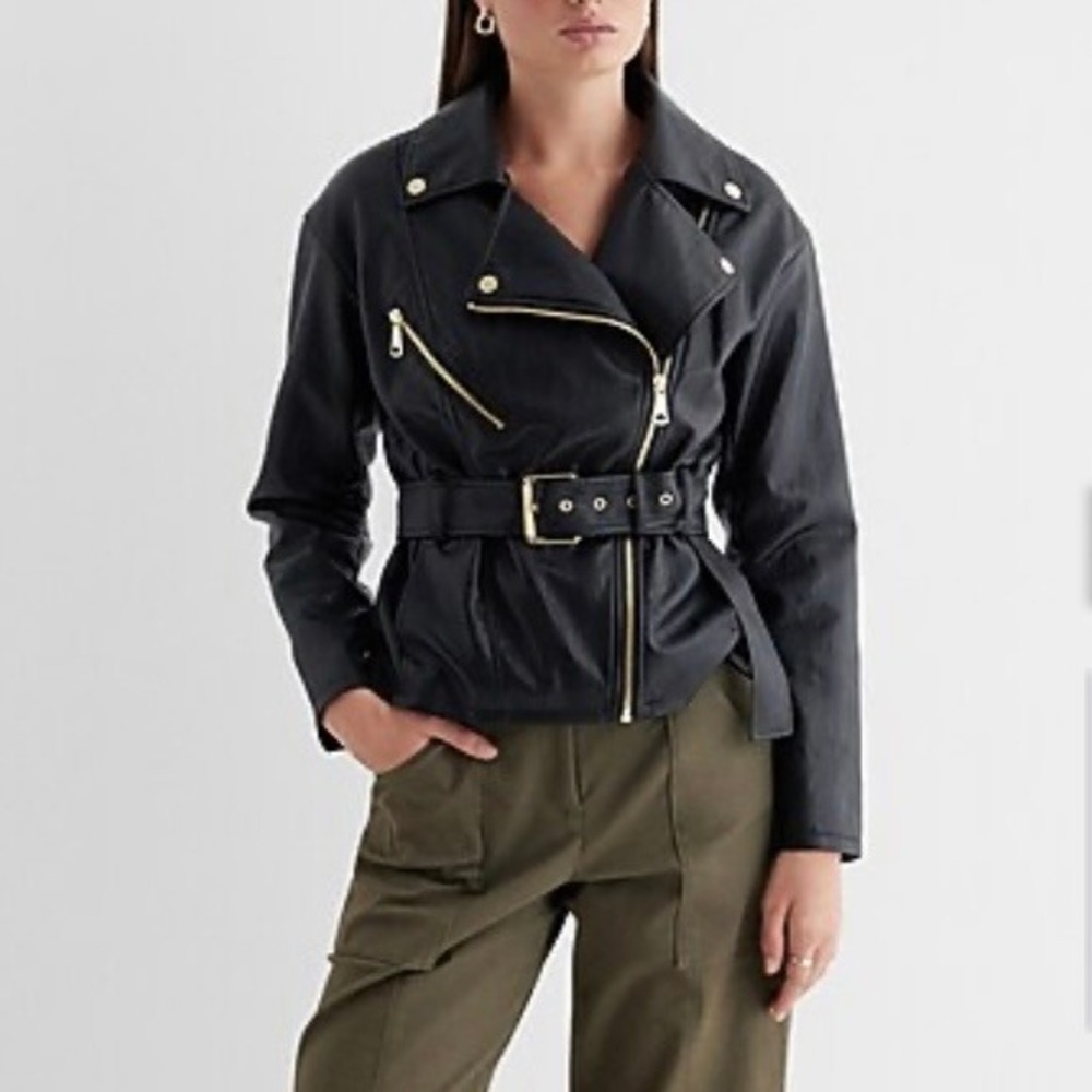 Express Black Faux Leather Belted Moto Biker Jacket Womens Medium NEW